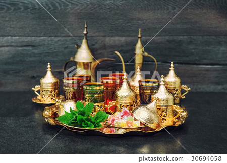 Oriental tea table golden dishes delight mint deco 30694058