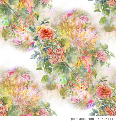 Watercolor painting of leaf and flowers pattern Watercolor painting of leaf and flowers pattern 30696554