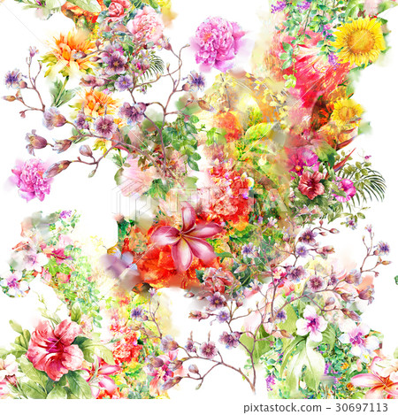 Watercolor painting of leaf and flowers pattern Watercolor painting of leaf and flowers pattern 30697113