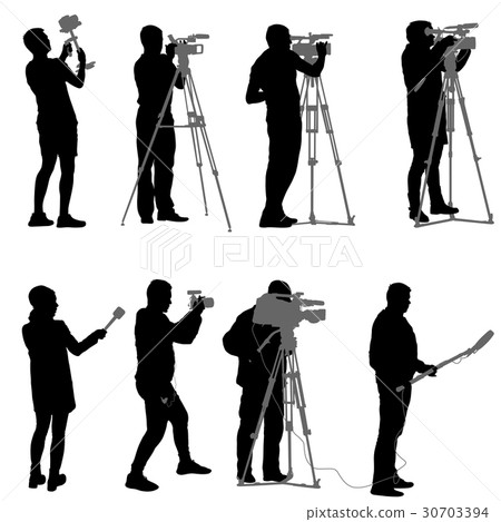 Set cameraman with video camera. Silhouettes 30703394