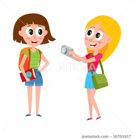 Two girls, women tourists travelling together, one 30703937