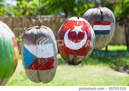 Many flags of countries painted on the coconuts 30705316