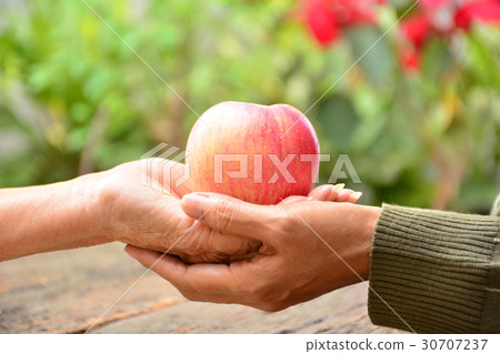 woman giving apple to old lady for good healthy 30707237