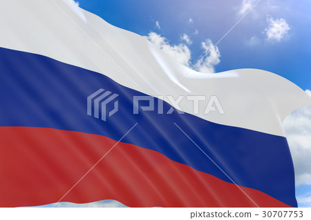 3D rendering of Russia flag waving on blue sky bg 3D rendering of Russia flag waving on blue sky bg 30707753