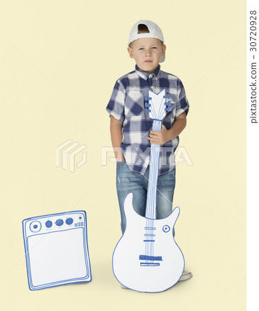 Portrait of a Little Blond Caucasian Boy with Guitar Isolated 30720928