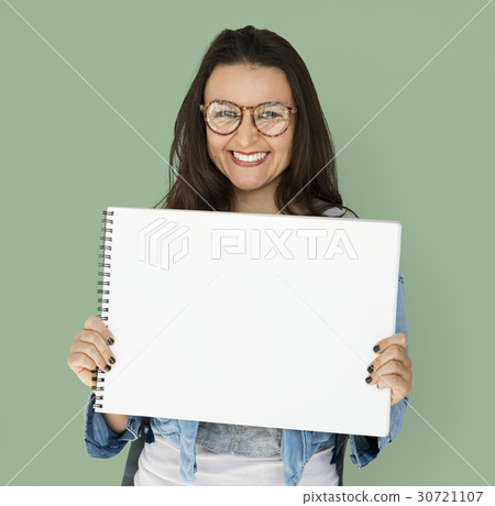 Young woman holding placard blank board 30721107
