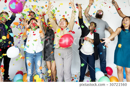 Group of Diverse People with Party Balloons Confetti Group of Diverse People with Party Balloons Confetti 30721560