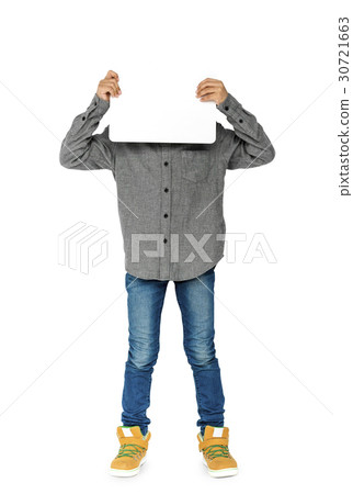 Little Boy Holding Blank Paper Board Studio Portrait Little Boy Holding Blank Paper Board Studio Portrait 30721663