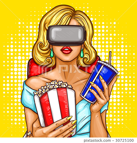Vector pop art woman watching movie with virtual 30725100