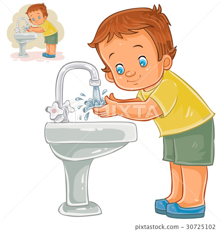 vector little boy washes his hands with water f