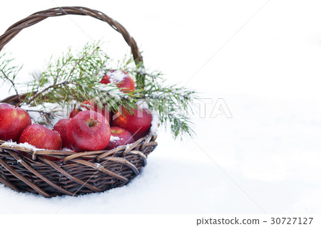 Red apples in basket in snow, outside 30727127
