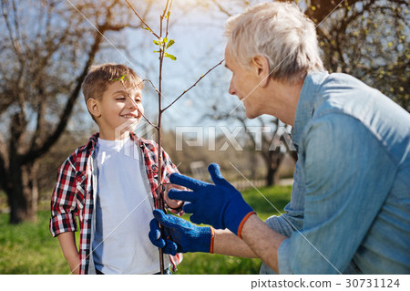 Mature farmer teaching grandson how to plant trees Mature farmer teaching grandson how to plant trees 30731124