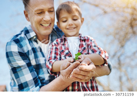 Father and son looking at small plant in their 30731159