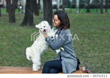 Happy woman playing with her dog outdoors Happy woman playing with her dog outdoors 30741511