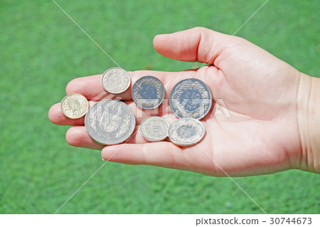 Total set of swiss franc coins hold in open hand Total set of swiss franc coins hold in open hand 30744673