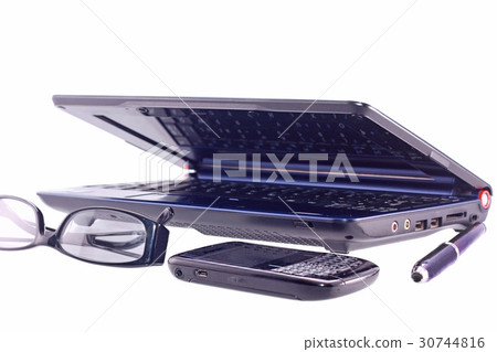 Cell phone, laptop, sunglasses and pen isolated Cell phone, laptop, sunglasses and pen isolated 30744816