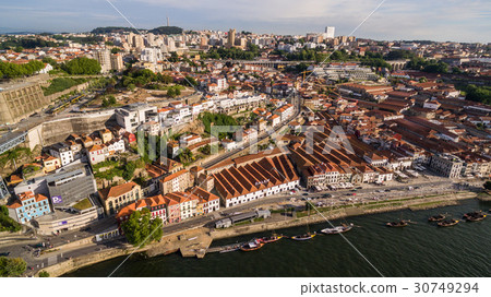 Aerial view of boats carrying wine in Porto Aerial view of boats carrying wine in Porto 30749294