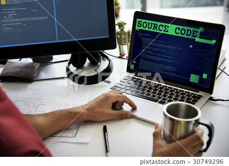 Hands working on laptop network graphic overlay Hands working on laptop network graphic overlay 30749296