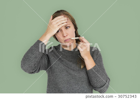 Caucasian Lady Sick Thermometer Concept 30752343