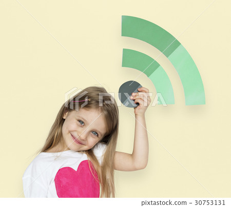 Little Girl Holding Wifi Icon Little Girl Holding Wifi Icon 30753131