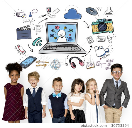Children with modern technology icons Children with modern technology icons 30753394