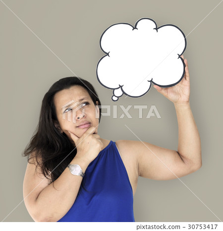 Woman Curious Thinking Bubble Copy Space Studio Portrait Woman Curious Thinking Bubble Copy Space Studio Portrait 30753417
