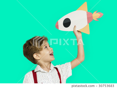 Little Boy Smiling Happiness Paper Craft Arts Rocket Studio Portrait Little Boy Smiling Happiness Paper Craft Arts Rocket Studio Portrait 30753683