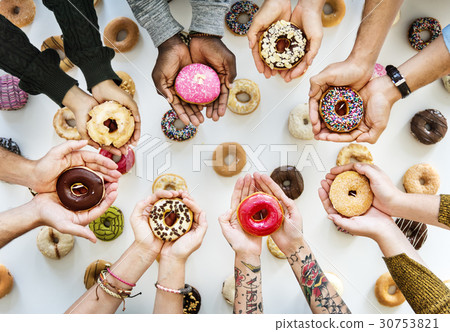 People Hands Hold Share Doughnuts People Hands Hold Share Doughnuts 30753821