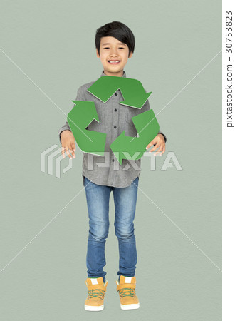 Little Boy Holding Recycle Symbol Studio Portrait Little Boy Holding Recycle Symbol Studio Portrait 30753823