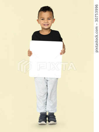 Little Boy Holding Blank Empty Paper Board Studio Portrait Little Boy Holding Blank Empty Paper Board Studio Portrait 30753996