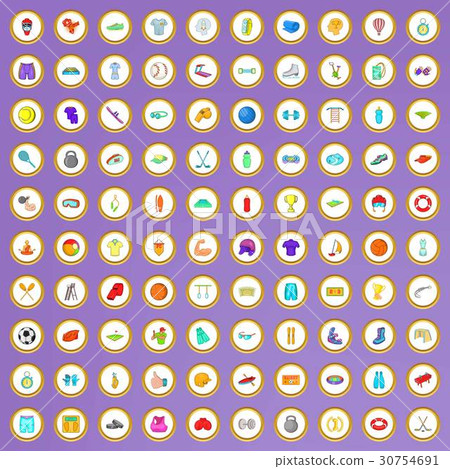 100 active life icons set in cartoon style 30754691