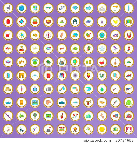 100 adventure icons set in cartoon style 30754693