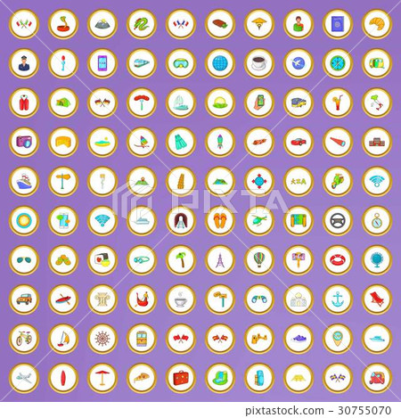 100 travel icons set in cartoon style 30755070