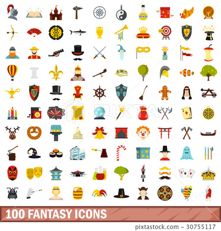 100 fantasy icons set, flat style 30755117