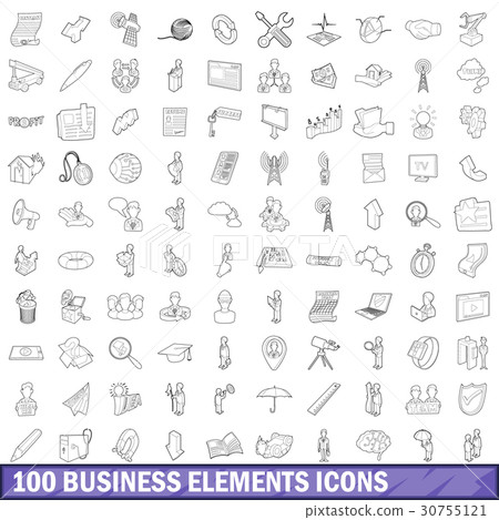 100 business elements icons set, outline style 30755121