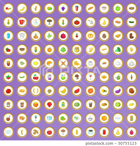 100 vegetarian cafe icons set in cartoon style 30755123