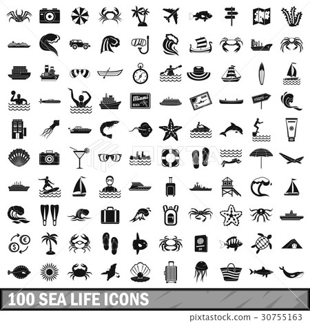 100 sea life icons set, simple style 100 sea life icons set, simple style 30755163