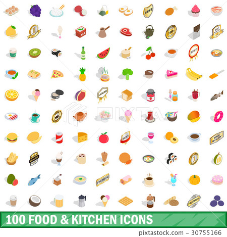 100 food and kitchen icons set, isometric 3d style 30755166