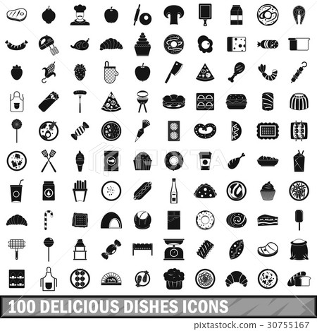 100 delicious dishes icons set, simple style 30755167