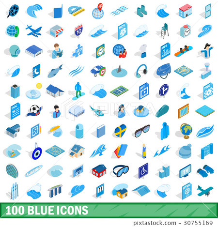 100 blue icons set, isometric 3d style 30755169