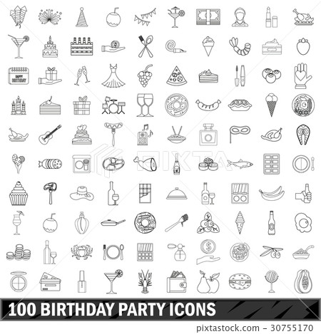 100 birthday party icons set, outline style 30755170