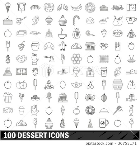 100 dessert icons set, outline style 30755171
