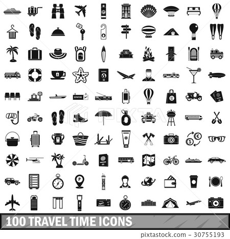 100 travel time icons set, simple style 30755193
