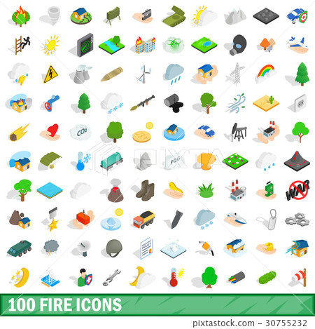 100 fire icons set, isometric 3d style 30755232