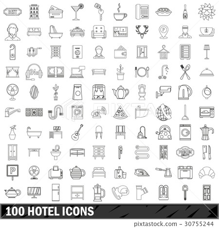 100 hotel icons set, outline style 100 hotel icons set, outline style 30755244