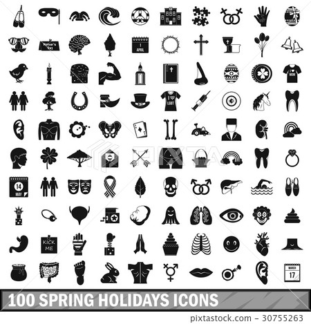 100 spring holidays icons set, simple style 100 spring holidays icons set, simple style 30755263