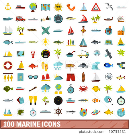 100 marine icons set, flat style 30755281