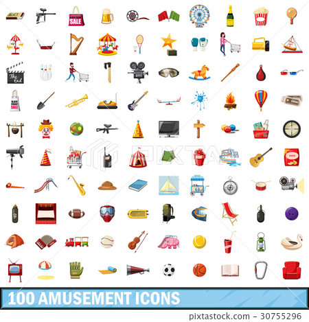 100 amusement icons set, cartoon style 30755296
