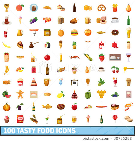 100 tasty food icons set, cartoon style 30755298