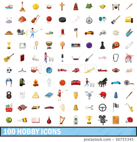 100 hobby icons set, cartoon style 30755345